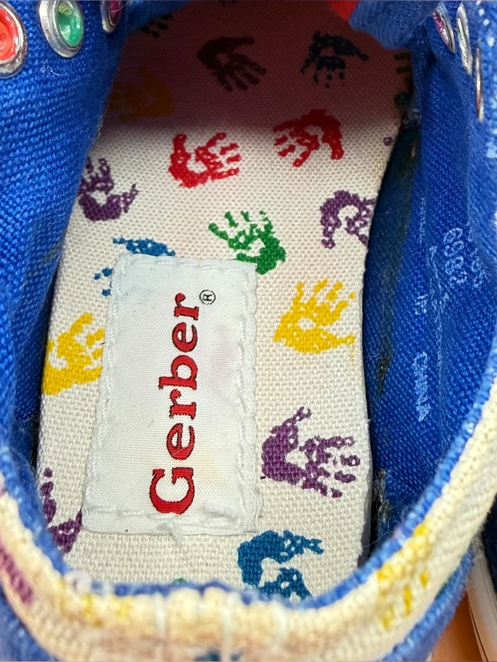 Gerber Toddler Sneakers Blue Multicolor Handprint Canvas Size 4 No Laces VTG